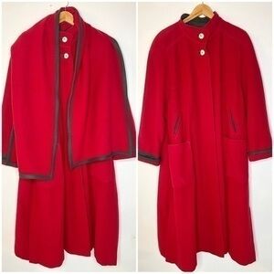Vintage 90s Lodenfrey Wool Mohair Trench Coat Attached Scarf Red Green 44/ US 14